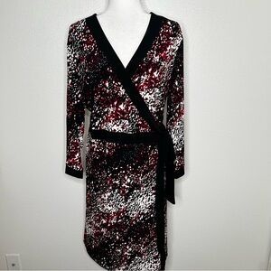 Style & Co Black & Burgundy Patterned V-Neck Stretch Wrap Dress Plus Size 2X EUC